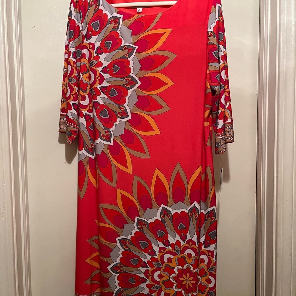 Sandra Darren Coral, Red and Orange Floral Long Sleeve Dress